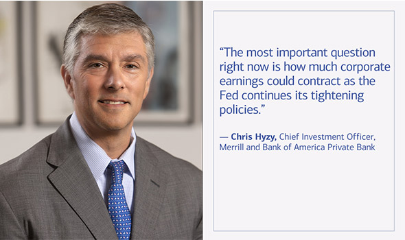 Chris Hyzy, Chief Investment Officer for Merrill and Bank of America Private Bank next to his quote 'The most important question right now is how much corporate earnings could contract as the Fed continues its tightening policies.'