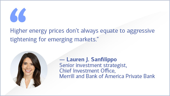 Higher energy prices don't always equate to aggressive tightening for emerging markets. Lauren Sanfilippo, Senior Investment Strategist, Chief Investment Office, Merrill and Bank of America Private Bank