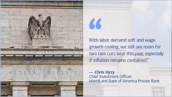 With labor demand soft and wage growth cooling, we still see room for two rate cuts later this year, especially if inflation remains contained. Chris Hyzy, Chief Investment Officer, Merrill and Bank of America Private Bank