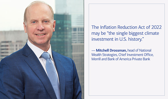 The Inflation Reduction Act of 2022 may be 'the single biggest climate investment in U.S. history,' says Mitchell Drossman, head of National Wealth Strategies in the Chief Investment Office for Merrill and Bank of America Private Bank.